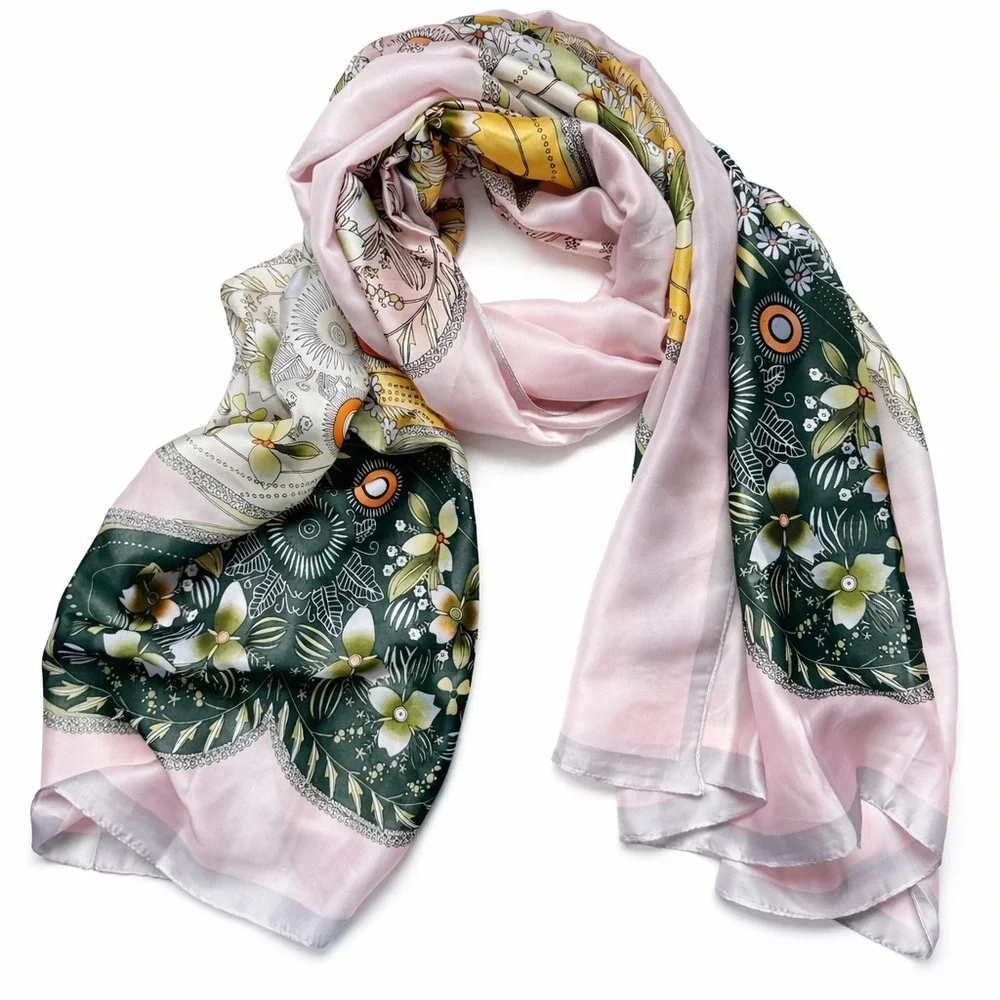 NWT BEAUTY Silk Feeling Fabric Scarf Pink Floral‎ Shamrock Clover St Patrick's